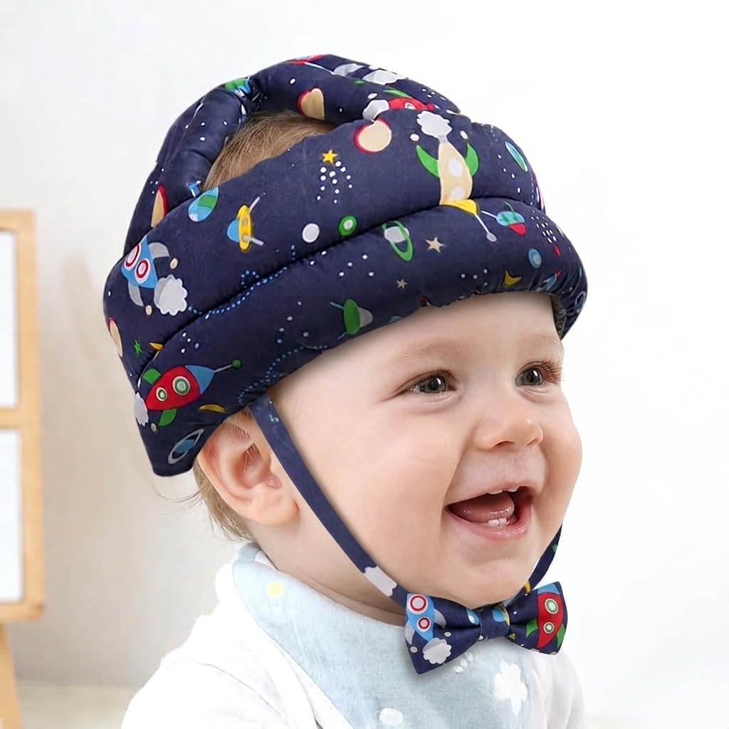 New Baby Infant Toddler Helmet No Bump Safety Head Cushion Bumper Bonnet Adjustable Protective Printed Cap Child Safety Headguard for Running Walking Crawling Safety Helmet (Navy Blue)